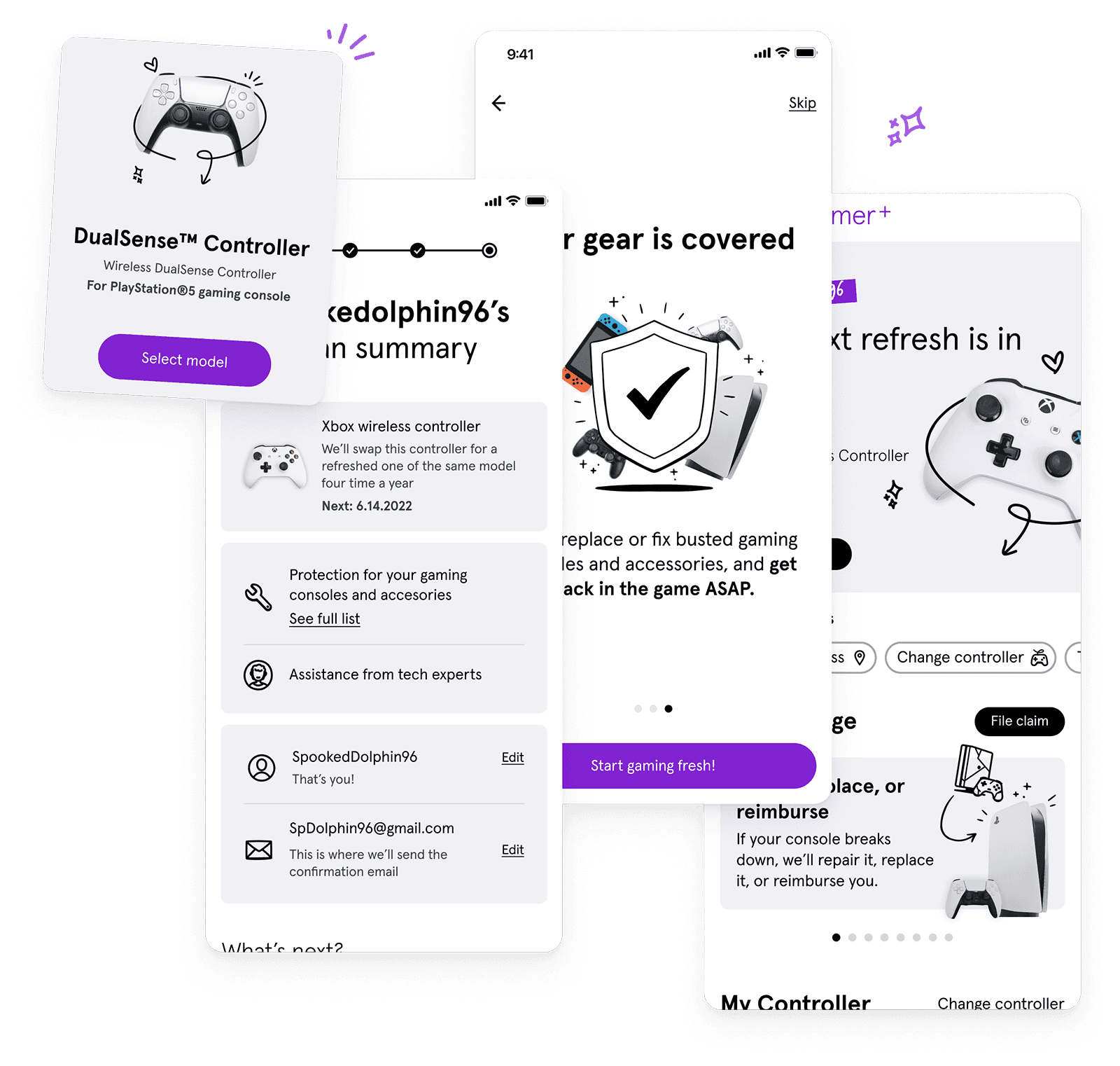 An image with screens from the gamer plus app. From left to right a card with controller select card of a playstation dual sense controller with a select model button. A summary screen with information about the plan and selected controller. An intro screen with an illustration of devices surrounding a shield with a checkmark in it. A screen of the homepage.